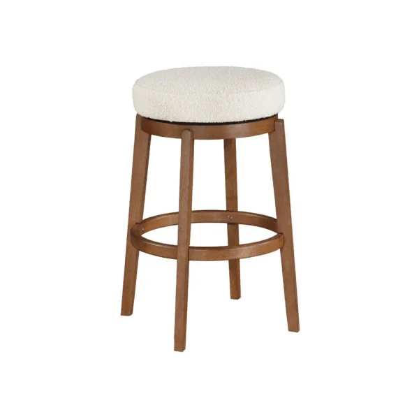 Lex Swivel Bar Stool, 31 Inch Backless, White Boucle Seat, Brown Legs