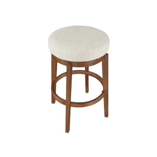 Lex Swivel Bar Stool, 31 Inch Backless, White Boucle Seat, Brown Legs