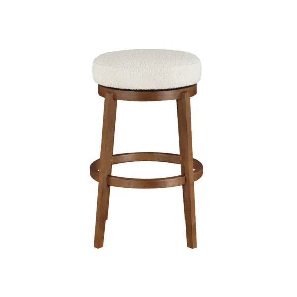 Lex Swivel Bar Stool, 31 Inch Backless, White Boucle Seat, Brown Legs