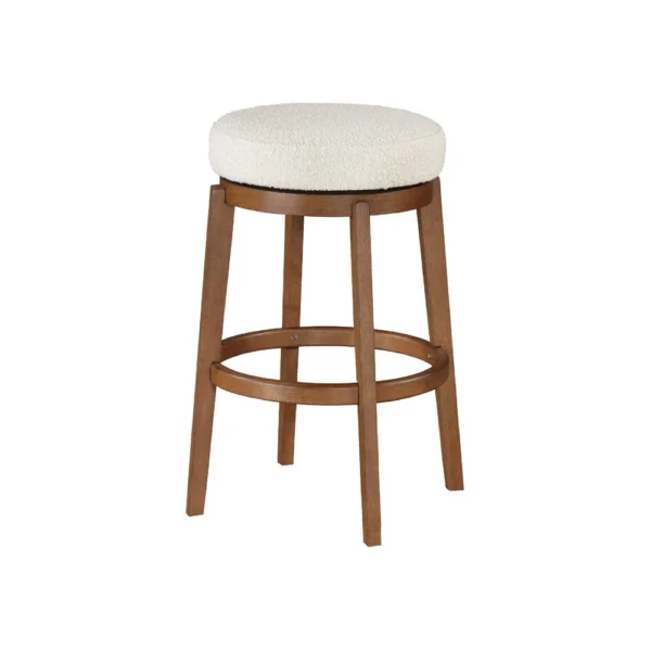Lex Swivel Bar Stool, 31 Inch Backless, White Boucle Seat, Brown Legs