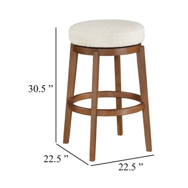 Lex Swivel Bar Stool, 31 Inch Backless, White Boucle Seat, Brown Legs