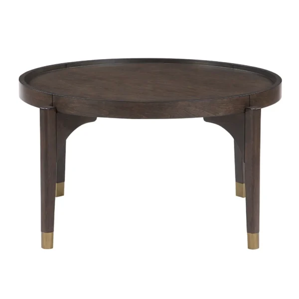 Azy Coffee Table, 36 Inch Round Top, Gold Capped Legs, Dark Brown