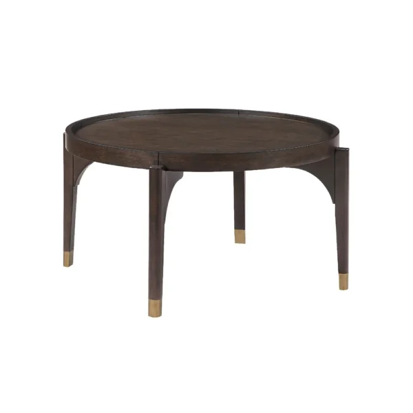 Azy Coffee Table, 36 Inch Round Top, Gold Capped Legs, Dark Brown