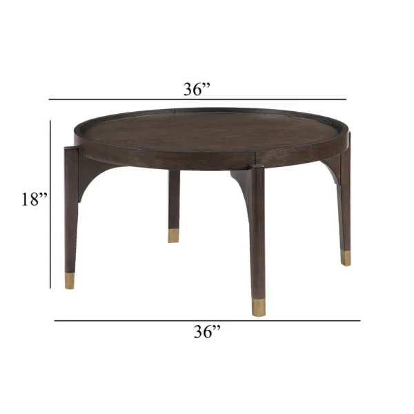 Azy Coffee Table, 36 Inch Round Top, Gold Capped Legs, Dark Brown