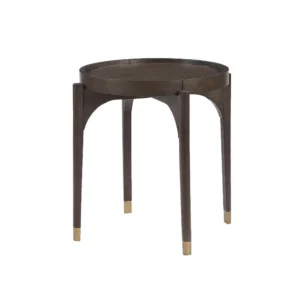 Azy Side End Table, 24 Inch Round Top, Gold Capped Legs, Dark Brown