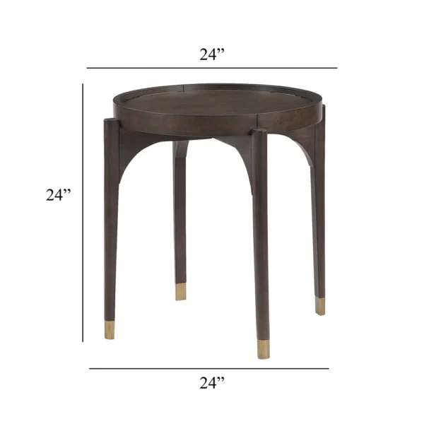 BM345387_4 Azy Side End Table, 24 Inch Round Top, Gold Capped Legs, Dark Brown