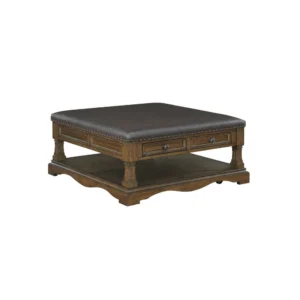 Rox Coffee Table, 39 Inch Brown Faux Leather Top, 4 Drawers and Shelf