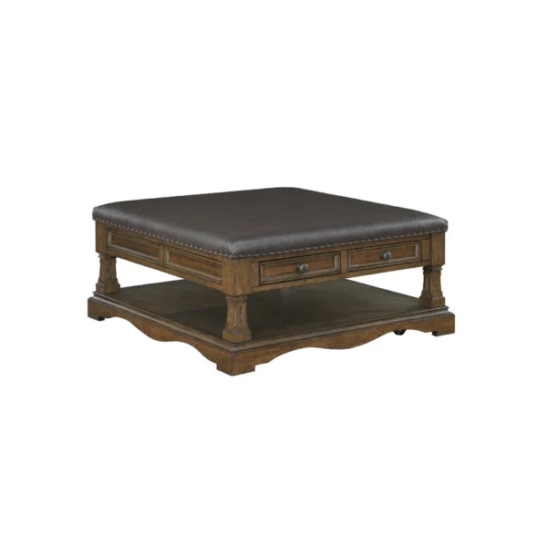Rox Coffee Table, 39 Inch Brown Faux Leather Top, 4 Drawers and Shelf