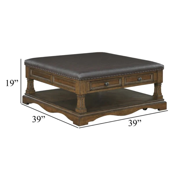 Rox Coffee Table, 39 Inch Brown Faux Leather Top, 4 Drawers and Shelf
