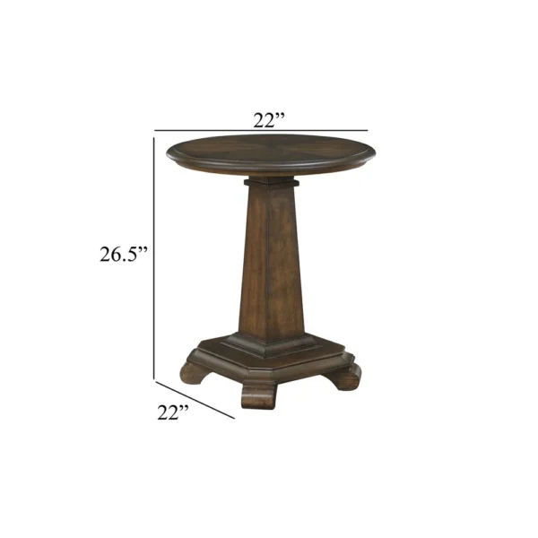 Rox Side End Table, 22 Inch Round Top, Tapered Pedestal Base, Brown