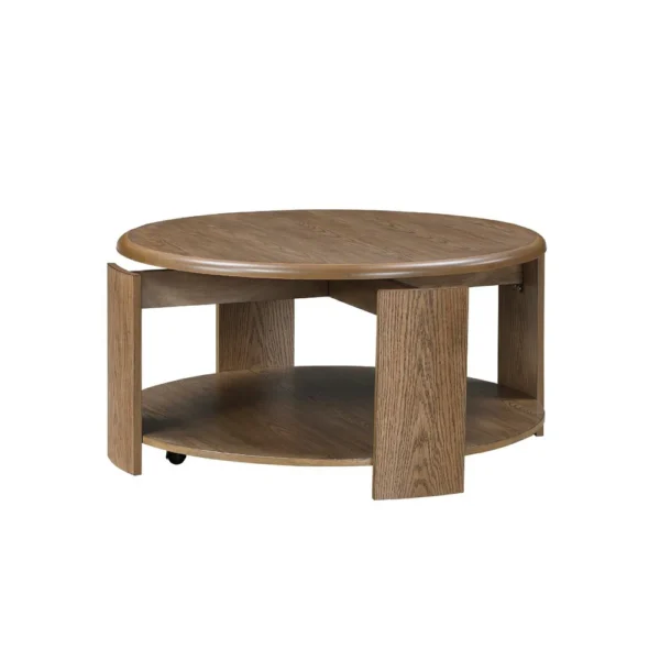 Eli Coffee Table, 40 Inch Round Swivel Top, Lower Open Shelf, Brown