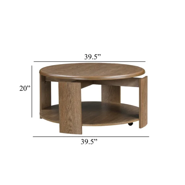 Eli Coffee Table, 40 Inch Round Swivel Top, Lower Open Shelf, Brown