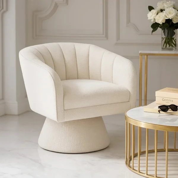 Shea Swivel Accent Chair, Beige Boucle Fabric, Channel Stitched