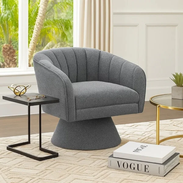 BM345405_5 Shea Swivel Accent Chair, Dark Gray Boucle Fabric, Channel Stitched