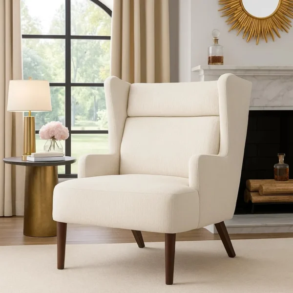 BM345407_5 Joen Accent Chair, High Wing Backrest, Beige Chenille, Wood Legs