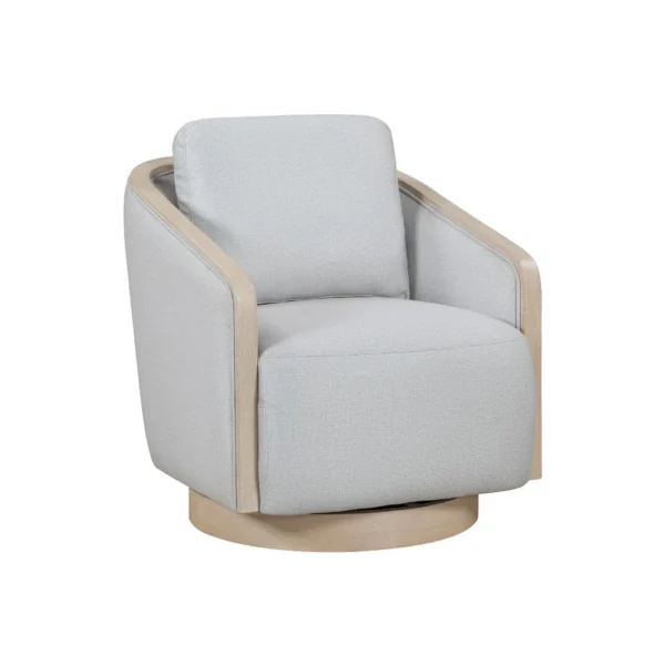 Jely Swivel Accent Armchair, Oak Brown Wood Trim and Base, Gray Polyester