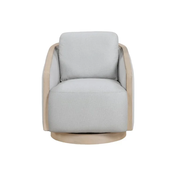 Jely Swivel Accent Armchair, Oak Brown Wood Trim and Base, Gray Polyester