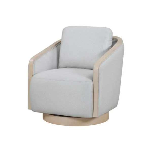 Jely Swivel Accent Armchair, Oak Brown Wood Trim and Base, Gray Polyester