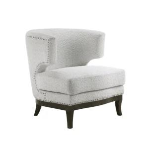 BM345419 Elly Accent Chair, Barrel Back, Gray Boucle w Nailheads, Brown Wood