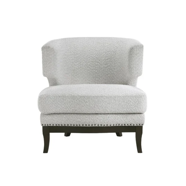 Elly Accent Chair, Barrel Back, Gray Boucle w Nailheads, Brown Wood