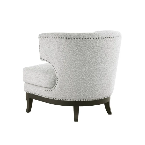 Elly Accent Chair, Barrel Back, Gray Boucle w Nailheads, Brown Wood