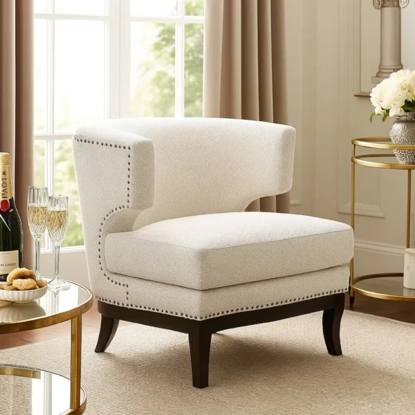 Elly Accent Chair, Barrel Back, Gray Boucle w Nailheads, Brown Wood