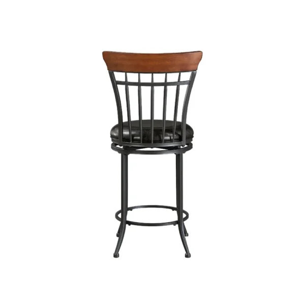 BM345427_1 Nira Swivel Counter Chair, Brown Faux Leather, Wood Back, Black Metal