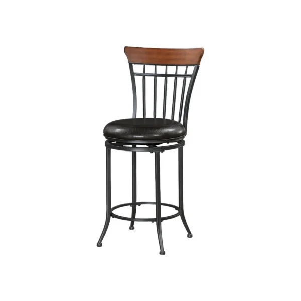 BM345427_2 Nira Swivel Counter Chair, Brown Faux Leather, Wood Back, Black Metal