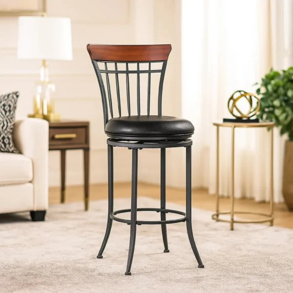 BM345427_5 Nira Swivel Counter Chair, Brown Faux Leather, Wood Back, Black Metal