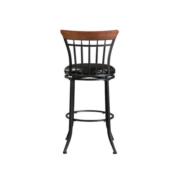 Nira Swivel Bar Height Chair, Brown Faux Leather, Wood Back, Black Metal