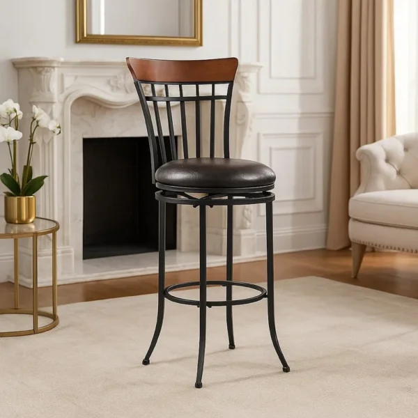 Nira Swivel Bar Height Chair, Brown Faux Leather, Wood Back, Black Metal