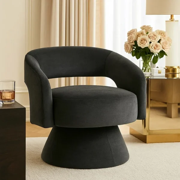 Lessa Swivel Accent Chair, Barrel Style, Foam Padded, Dark Gray Velvet