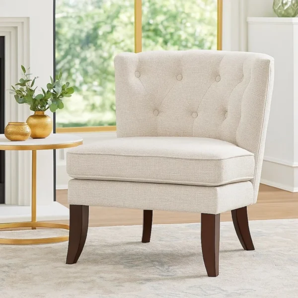 BM345433_5 Rose Accent Chair, Button Tufted Wingback, Beige Polyester, Brown Legs