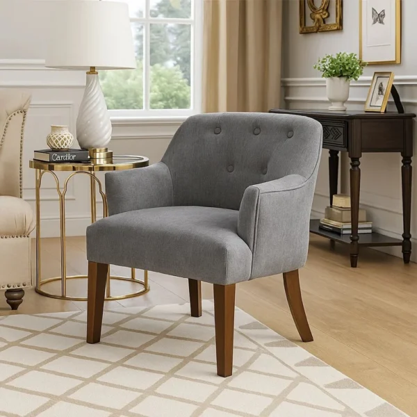 BM345436_5 Beca Accent Armchair, Button Tufted Back, Sloped Arms, Gray Polyester