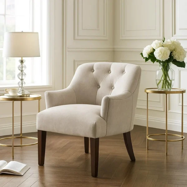 Beca Accent Armchair, Button Tufted Back, Sloped Arms, Beige Polyester