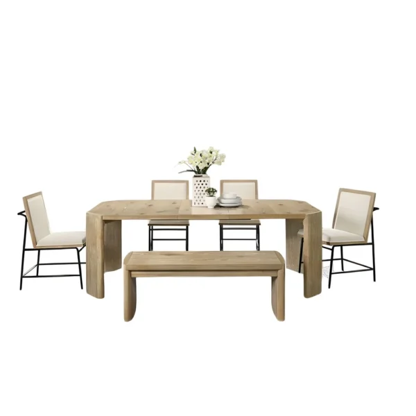 7pc Extendable Dining Table Set, 6 Beige Chairs, Solid Wood Oak Brown