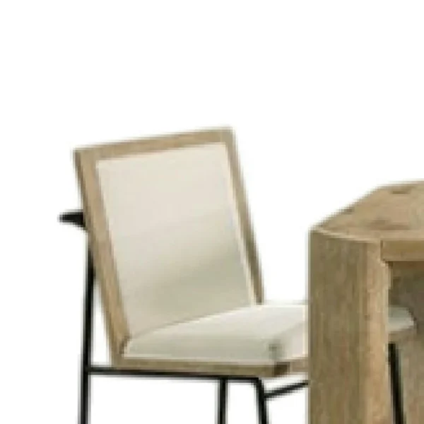 7pc Extendable Dining Table Set, 6 Beige Chairs, Solid Wood Oak Brown