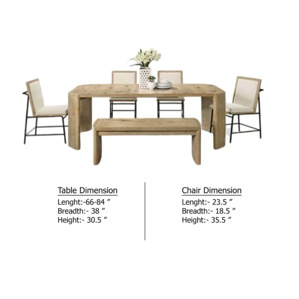7pc Extendable Dining Table Set, 6 Beige Chairs, Solid Wood Oak Brown