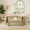 7pc Extendable Dining Table Set, 6 Beige Chairs, Solid Wood Oak Brown