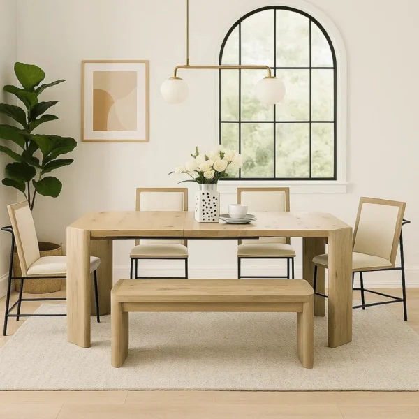 7pc Extendable Dining Table Set, 6 Beige Chairs, Solid Wood Oak Brown