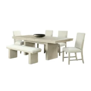 Hagy 7pc Dining Set, Extendable Table, 6 White Chairs, Natural Beige