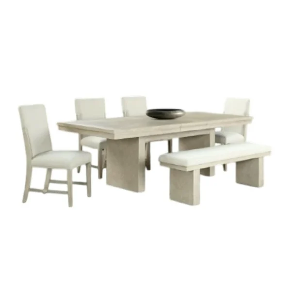 Hagy 7pc Dining Set, Extendable Table, 6 White Chairs, Natural Beige
