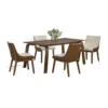 BM347025_1 Iken 5pc Dining Table Set, 4 Cream Fabric Chairs, Tapered Legs, Brown Wood