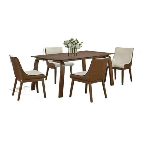 BM347025_1 Iken 5pc Dining Table Set, 4 Cream Fabric Chairs, Tapered Legs, Brown Wood