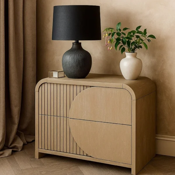 Tanya Nightstand with 2 Drawers, Reeded Panels, Natural Brown Wood