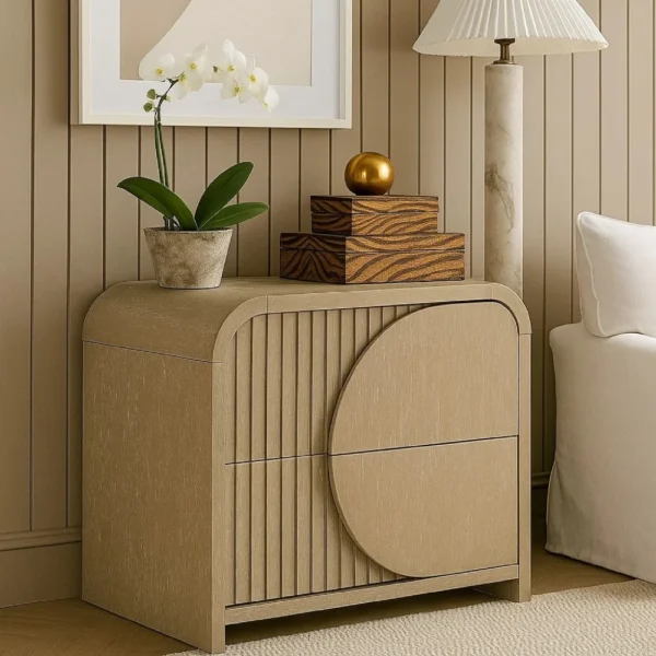 Tanya Nightstand with 2 Drawers, Reeded Panels, Natural Brown Wood