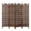 71 Inch 4 Panel Mango Wood Room Divider, Hand Carved, Sun & Moon Design, Brown