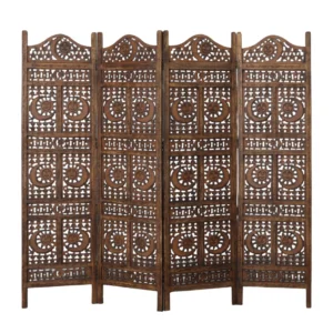 71 Inch 4 Panel Mango Wood Room Divider, Hand Carved, Sun & Moon Design, Brown