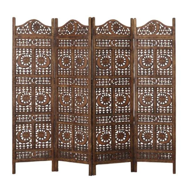 71 Inch 4 Panel Mango Wood Room Divider, Hand Carved, Sun & Moon Design, Brown