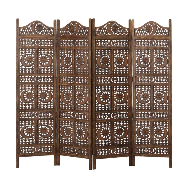 71 Inch 4 Panel Mango Wood Room Divider, Hand Carved, Sun & Moon Design, Brown